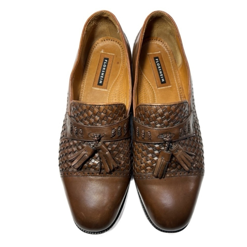 Florsheim Vintage Woven Basket Weave Brown Leather Loafers Tassels Mens size 9.5
